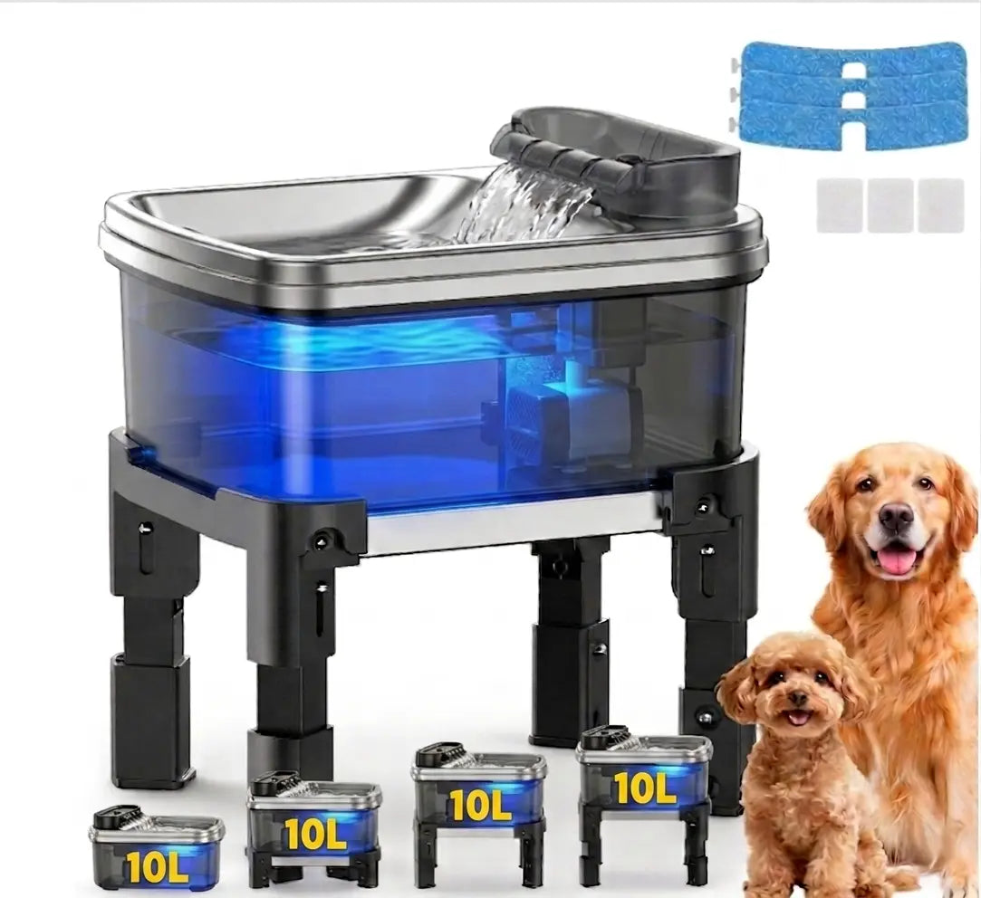 Height Adjustable Pet Water Fountain - 10L Elevated Dog Water Bowl with Filtration System, 4-Level Adjustable Stainless Steel Dispenser for Cats and Dogs, Ultra-Quiet Operation, Spill-Free Design