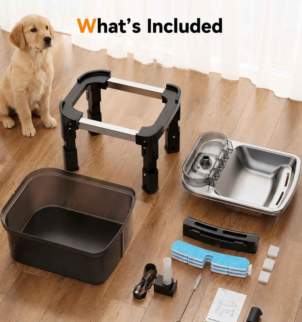 Height Adjustable Pet Water Fountain - 10L Elevated Dog Water Bowl with Filtration System, 4-Level Adjustable Stainless Steel Dispenser for Cats and Dogs, Ultra-Quiet Operation, Spill-Free Design